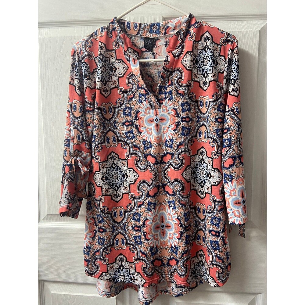 Lildy Tunic Top Women S-M Orange Blue White Floral V Neck Tie Sleeve Knit Career